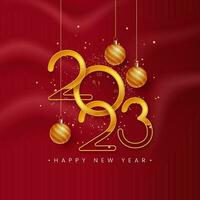 3D Stylish Golden 2023 Number With Creative Clock And Hanging Baubles On Red Silk Wave Background For Happy New Year Concept. vector