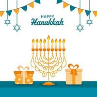 Happy Hanukkah Celebration Concept With Illuminated Candelabra, Gift Boxes, Hanging Star Of David And Bunting Flags Decorated Background. vector