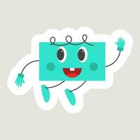 Sticker Style Cheerful Turquoise Rectangle Cartoon In Jumping Pose. vector