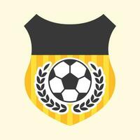 Black And White Soccer Ball With Laurel Leaves And Shield On Yellow Background. vector