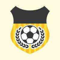 Black And White Soccer Ball With Laurel Leaves And Shield On Yellow Background. vector