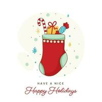 Happy Holidays Greeting Card With Sock Full Of Candy Cane, Gift Box And Toffee Against White Background. vector