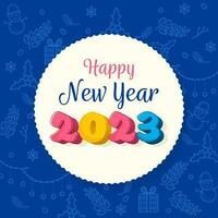 Colorful 2023 Happy New Year Text Over White Circular Frame And Blue Xmas Icons Background. vector