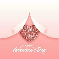 Curled Paper Style White And Pastel Red Background With Glittering Heart And Happy Valentine's Day Font. vector