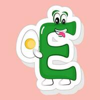 Sticker Style Green E Alphabet Cartoon Character Holding Half Boiled Egg On Pink Background. vector
