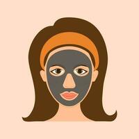 Young Woman Apply Charcoal Face Pack On Her Face Icon Against Peach Background. vector