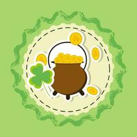 St Patrick Day Concept With Sticker Style Clover Leaf with Gold Coin Pot On Green And Yellow Background. vector
