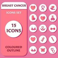 Set Of Flat Breast Cancer 15 Icons On White And Pink Abstract Circles Background. vector