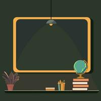 Empty Blackboard With Pen Holder, Duster, Stack of Books, Earth Globe Stand, Plant Pot And Ceiling Lamp In Classroom. vector