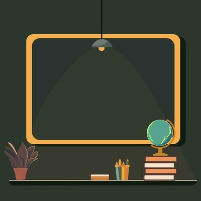 Empty Blackboard With Pen Holder, Duster, Stack of Books, Earth Globe Stand, Plant Pot And Ceiling Lamp In Classroom.