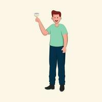 Cheerful Teenage Boy Holding Wine Glass On Cosmic Latte Background. vector