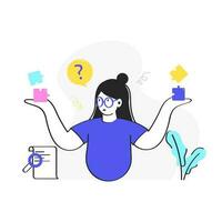 Vector Illustration Of Woman Presenting Puzzles With Searching Document Paper On White Background.