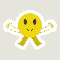 Isolated Yellow Sticker Of Flying Circle Cartoon With Open Arms Over Grey Background. vector