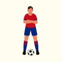 Faceless Soccer Player Standing With Football Against Cosmic Latte Background. vector