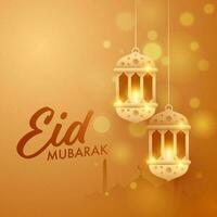 Islamic festival Eid-Al-Fitr Mubarak Concept with hanging golden arabic lanterns, mosque silhouette on golden color background. vector