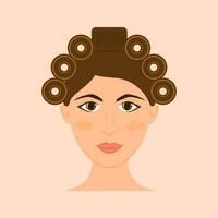 Young Woman Wearing Hair Roller Flat Icon Over Peach Background. vector