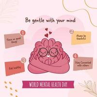 Tips To Take Care Of Your Mental Health Details With Cartoon Brain On Pink Background. vector