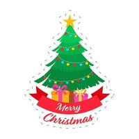 Merry Christmas Greeting Card With Decorative Xmas Tree And Gift Boxes On White Background. vector