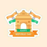 contento república día con India puerta, Monumento, tricolor bandera en pegatina estilo en melocotón antecedentes. vector