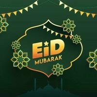 Islamic festival Eid Mubarak Concept with Golden Floral, Bunting Flags, Mosque on Green Background. vector