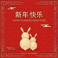 Golden Happy Chinese New Year Mandarin Text With Back View Of Cartoon Bunnies On Red Asia Traditional Pattern Background. vector