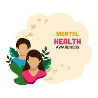 Awareness Mental Health Day Concept With Faceless Girl, Boy Character, Leaves On Beige And White Background. vector