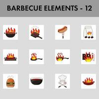 12 Barbeque Grill Element Set On Grey Square Background. vector