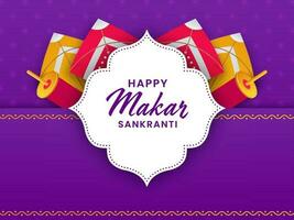 Happy Makar Sankranti Greeting Card With Kites, String Spools On Purple Background. vector