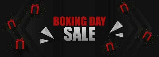 3D Render Boxing Day Sale Text With Triangle Elements And Flying Gift Boxes On Black Background. Advertising Banner Or Header Design. vector