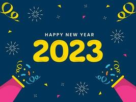 2023 Happy New Year Text With Exploding Party Popper Against Blue Background. vector