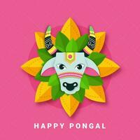 Happy Pongal Celebration Greeting Card With Paper Cut Bull Face Over Flower On Pink Crossed Dotted Lines Background. vector