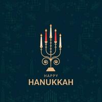 Happy Hanukkah Greeting Card With Illuminated Candelabra On Teal Blue Festival Element Pattern Background. vector