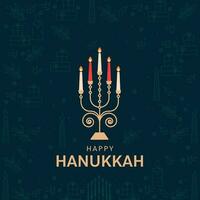 Happy Hanukkah Greeting Card With Illuminated Candelabra On Teal Blue Festival Element Pattern Background. vector