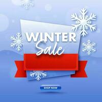 Winter Sale Poster Design With Snowflakes Decorated On Blue Bokeh Background. vector