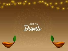 Green Diwali Celebration Concept With Eco Friendly Diya And Lighting Garland On Brown Mandala Pattern Background. vector