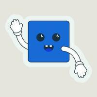 Sticker Of Blue Square Shape Cartoon In Hand Up And Down Pose. vector