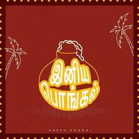 pegatina estilo contento pongal texto escrito en tamil idioma con garabatear barro maceta lleno de tradicional plato terminado Kolam y Coco árbol en rojo antecedentes. vector