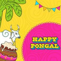 3D Happy Pongal Font With Bull Animal, Traditional Dish In Clay Pot, Banana Tree, Bunting Flag Decorated On Pink And Yellow Swirl Pattern Background. vector