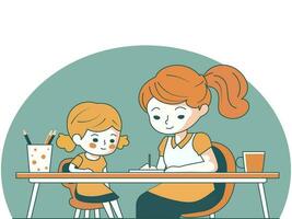 Vector Illustration of Young Woman Character Teaching To Girl At Desk With Pen Holder and Coffee or Tea Cup.