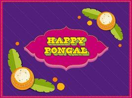 3D Happy Pongal Font Over Vintage Frame With Top View Of Pongali Rice In Clay Pots, Banana Leaves, Marigold Flowers Decorated On Purple Dots Stripe Pattern Background. vector