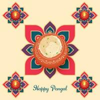 Happy Pongal Celebration Greeting Card With Top View Of Pongali Rice In Clay Pot And Illuminated Oil Lamps On Rangoli Beige Background. vector