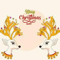 Merry Christmas Greeting Card With Vector Two Reindeer Face On Pastel Pink Background.
