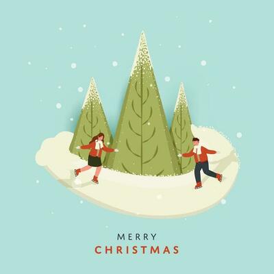 Merry Christmas Celebration Concept, Skater Young Girl And Boy Walks Around The Xmas Trees With Snow Falling On Blue Background.