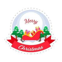 Merry Christmas Celebration Concept With Sleigh Full Of Gift Boxes, Snowy Xmas Trees On White And Blue Background. vector