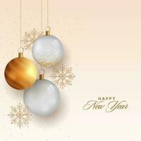 Happy New Year Text With 3D Baubles Hang And Snowflakes On Pastel Peach Background. vector