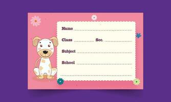 Cartoon Dog With Flower Decorative Notebook Label Or Name Tag On Purple Background. vector