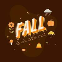 Fall Is In The Air Quote With Flat Autumn Season Icons On Brown Background. vector