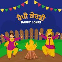 Happy Lohri Celebration Background With Punjabi Couple Performing Bhangra Dance And Bonfire Illustration. vector