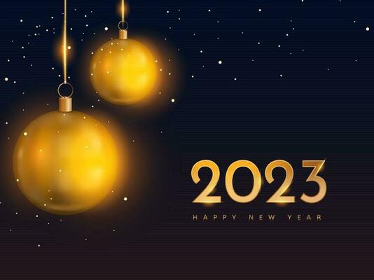Golden 2023 Happy New Year Text With Glowing Baubles Hang On Gradient Blue And Brown Background.