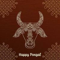 contento pongal celebracion concepto con zentangle toro cara y esquina Kolam en quemado ocre oscuro madera textura antecedentes. vector